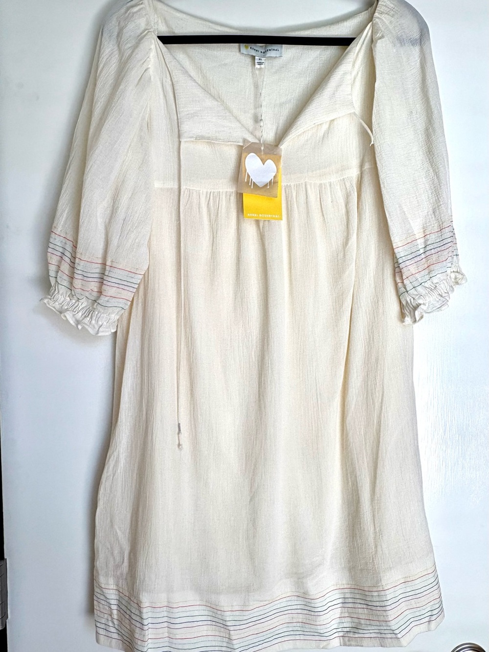 Kerri Rosenthal NWT Jo Mini Dress Contrast Stitch Ecru XL Boho Coastal $268